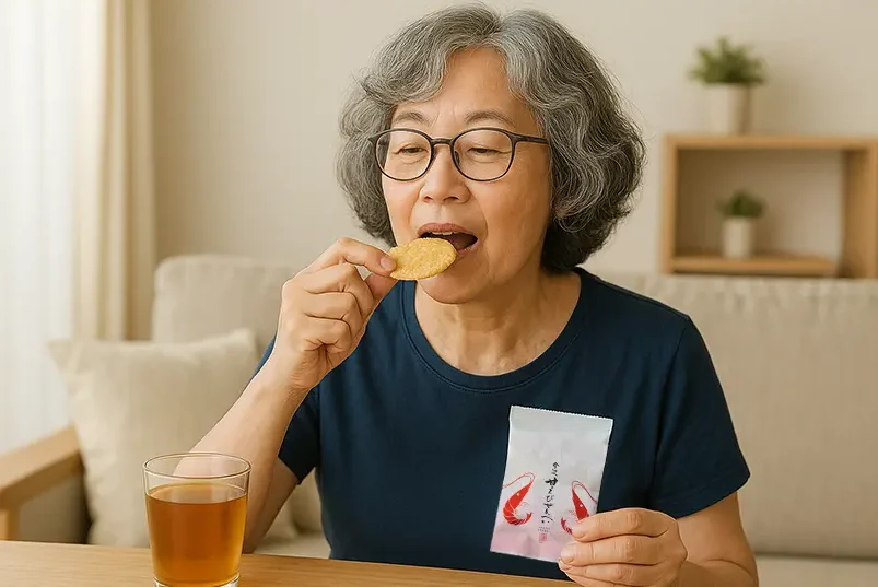 金沢甘えびせんべいを食べる女性