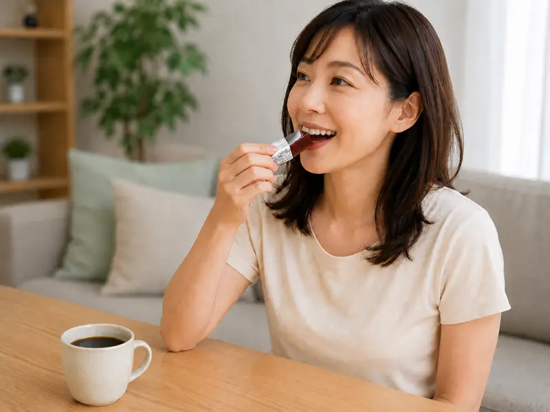小型羊羹「粋」を食べる女性