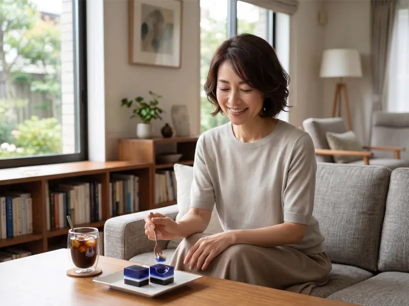 「能登ブルーベリー 銀河の旅」をリビングで食べる女性