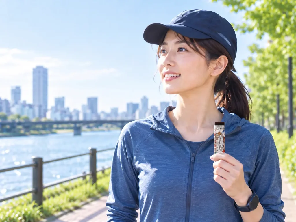 ランニング中に塩羊羹を食べる女性