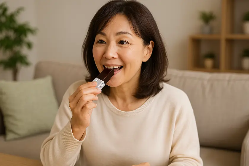 小型羊羹粋を食べている女性