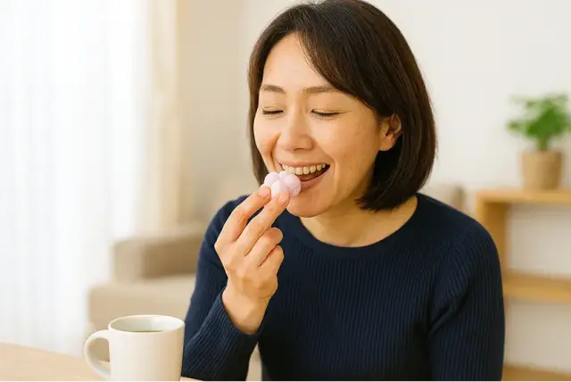 蛇玉もなかを食べている女性