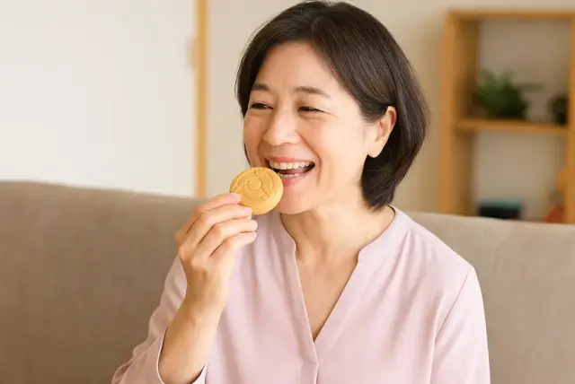 蛇玉もなかを食べている女性