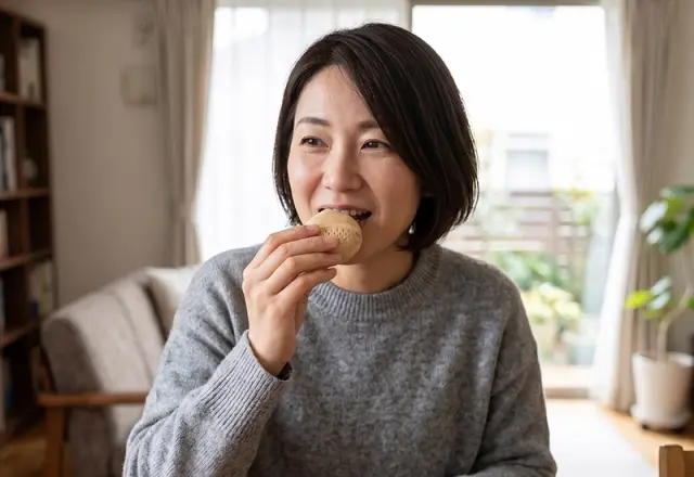 栗もなかを食べている女性