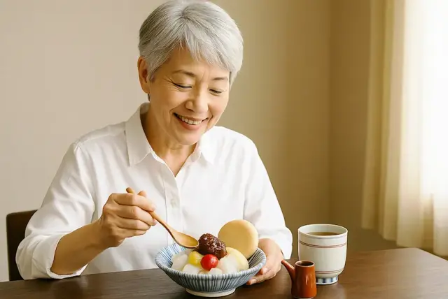 葛あんみつを食べている様子