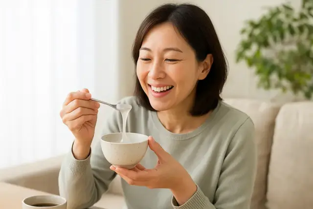 葛湯を飲む女性